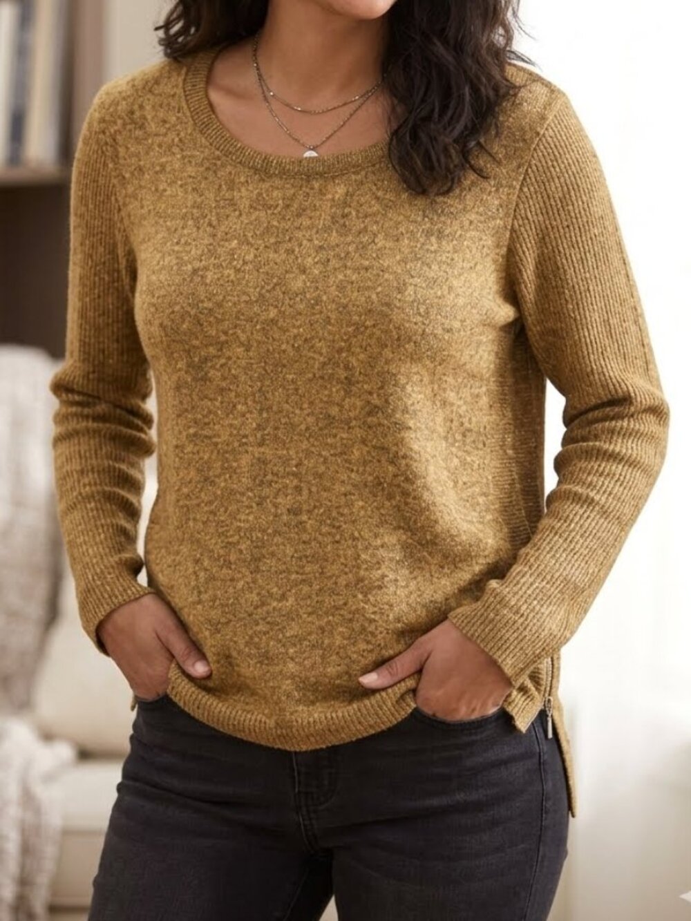 Lily Morgan Woman's Scoop Neck Knit Tunic Long Sleeve Sweater Size L